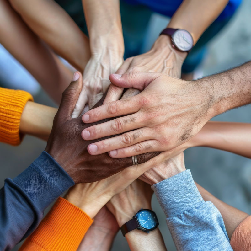 A diverse group of hands stacked together in unity, representing teamwork, collaboration, and partnership.