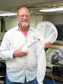 Nets with softballs attached to the handles are used as a gripper for the ROV manipulator arm.