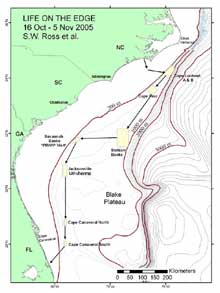 Map of the southeastern US study area, illustrating proposed path of the cruise and various deep coral sampling areas.