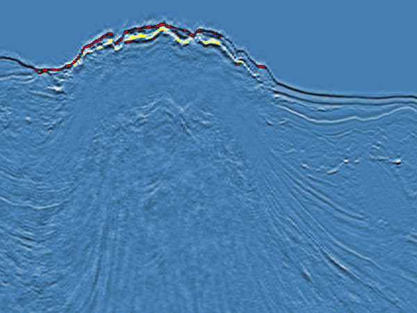 Three-dimensional seismic data were used to examine the sea floor.