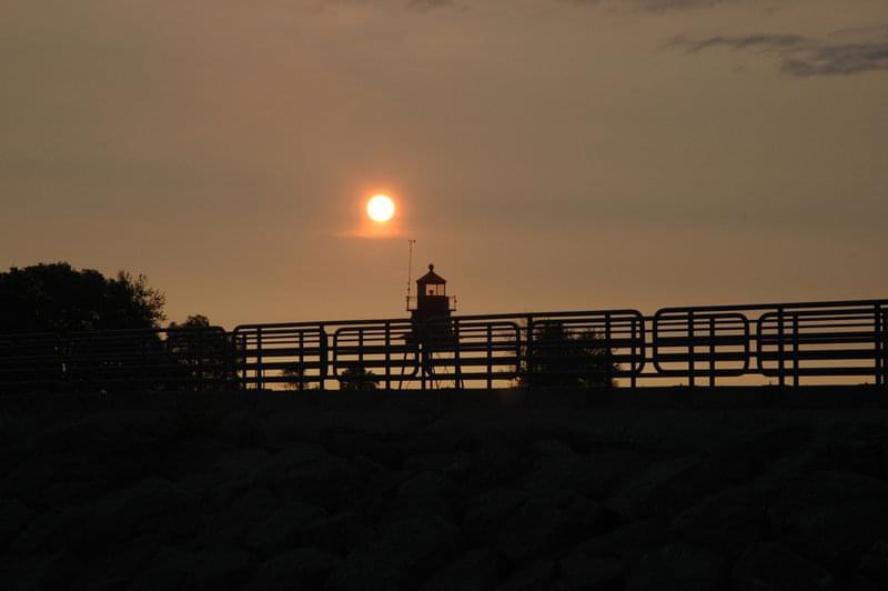 The Alpena Breakwater Light at sunrise as the ATLAS team leaves the harbor to begin surveys.