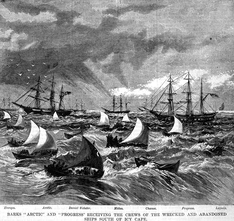 Barks Arctic and Progress Receiving the crews of the wrecked and abandoned ships south of icy cape. Barks Arctic and Progress Receiving the crews of the wrecked and abandoned ships south of icy cape.