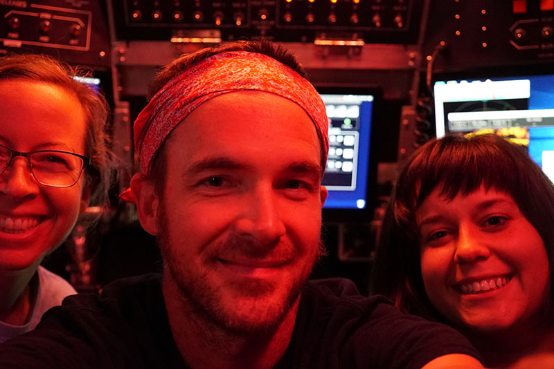 In a small space like the Alvin sphere, group selfies become a bit more challenging. Here, Amanda Demopoulos, Jefferson Grau, and Caitlin Adams almost succeeded with their framing…
