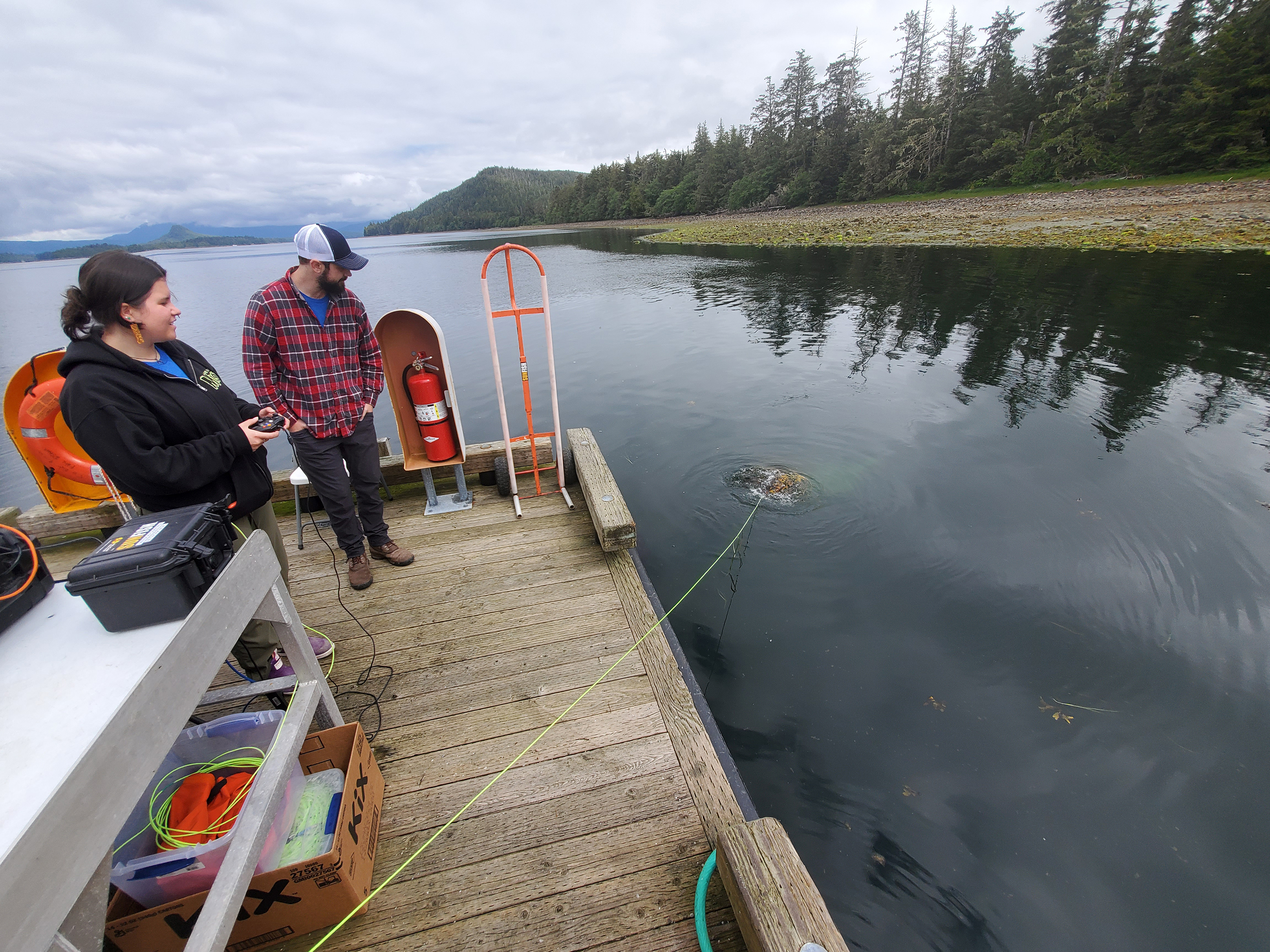 Sealaska Heritage Insitute intern Taylor Heaton drives autonomous underwater vehicle SUNFISH during the community demonstration day at Craig, Alaska.