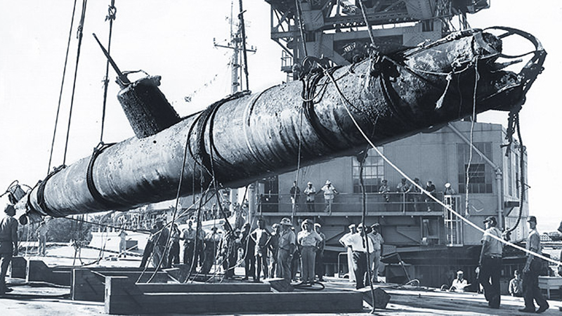 A Japanese Type A Kō-Hyōteki Miniature Submarine (like HA-16) discovered in Keʻehi Lagoon in 1960.