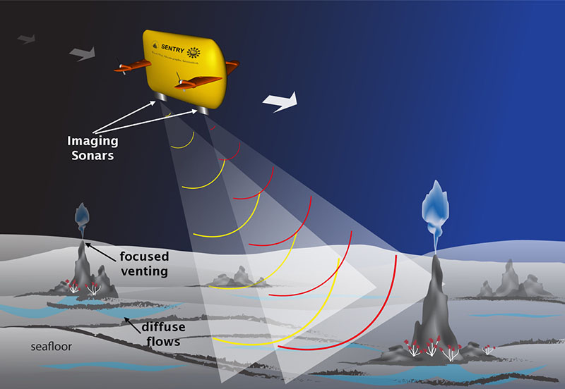 Schematic illustrating how the autonomous underwater vehicle will be used to collect seafloor data using coordinated multibeam sonars during the AUV-Based Acoustic Mapping and Characterization of Seafloor Hydrothermal Discharge field demonstration.