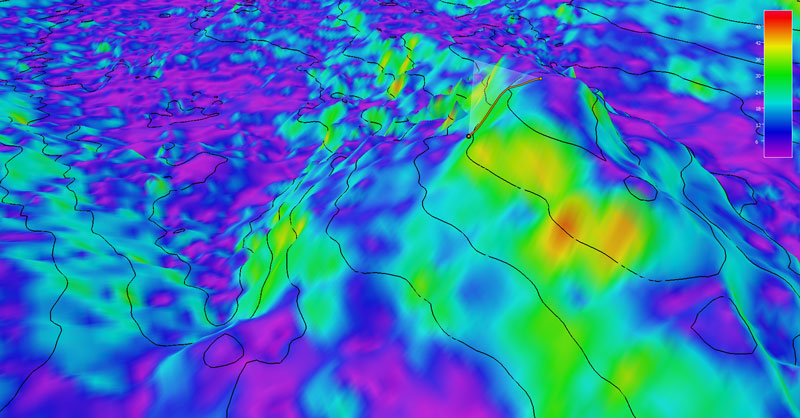 The planned dive track (white line) for Voyage to the Ridge 2022 Expedition 2 Dive 04: Axial Volcanic Ridge (AVR) 1. Bathymetry shown at three-times exaggeration. Scale is water depth in meters.