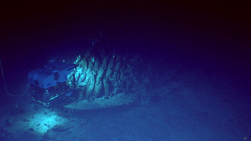 Remotely operated vehicle Deep Discoverer images an outcrop that may have been a small volcanic pillow mound with elongate pillow lobes during Dive 05 of the second Voyage to the Ridge 2022 expedition. The mound provided habitat for a variety of organisms, including corals and sponges.