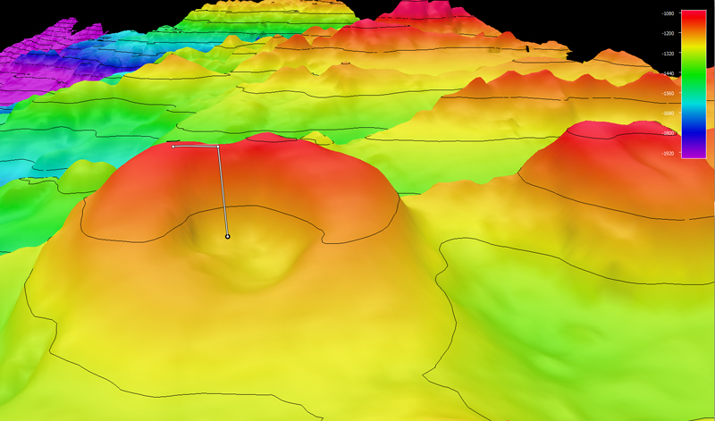 The planned dive track (white line) for Voyage to the Ridge 2022 Expedition 2 Dive 08: Redonda. Bathymetry shown at three-times exaggeration. Scale is water depth in meters.