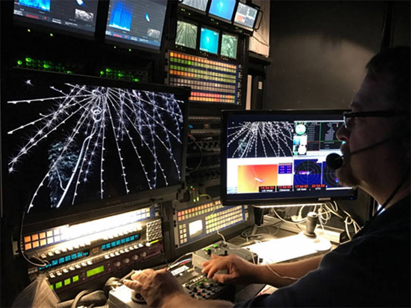 The videography work station to the right of the ROV engineers in the Okeanos Explorer Control Room.