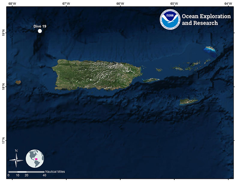 Mapa que muestra la ubicación de la inmersión de ROV número 19 de la expedición Océano Profundo 2018.