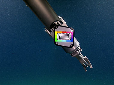 At the start of Dive 02 of the 2023 Shakedown + EXPRESS West Coast Exploration expedition, Global Foundation for Ocean Exploration engineers used a color chip chart on remotely operated vehicle (ROV) Deep Discoverer’s left manipulator arm to precisely calibrate the primary ROV cameras for color correction, providing viewers at home with accurate colors of deep-sea life. Learn more about color correction in the deep ocean.