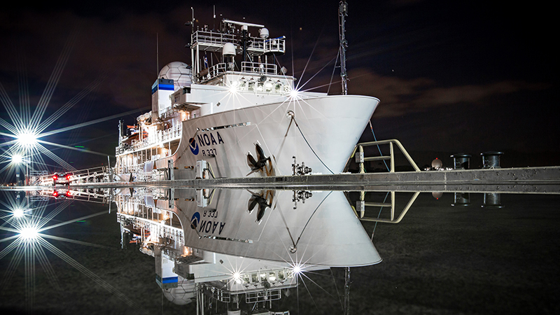 The Beyond the Blue: Papahānaumokuākea Mapping 1 expedition will begin and end in Honolulu, Hawai‘i. During in-port periods, NOAA Ship Okeanos Explorer will be docked at the NOAA Daniel K. Inouye Regional Center on Oahu’s Ford Island, as it was in this image from 2015.