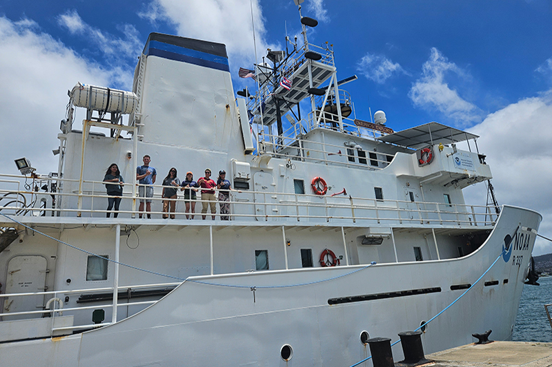 Members of the Beyond the Blue: Papahānaumokuākea Mapping 1 expedition team on NOAA Ship <i>Okeanos Explorer</i> just before the expedition got underway.