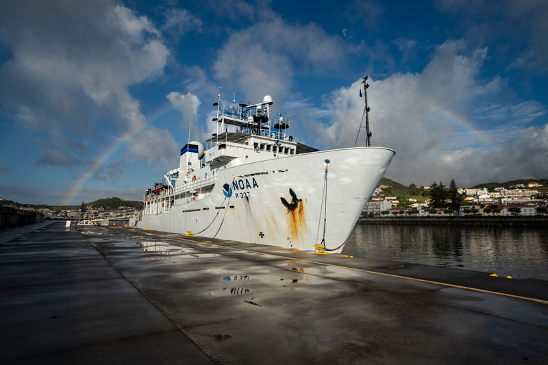Operations during the 2023 Seascape Alaska: Aleutians Exploration 1 expedition will take place on NOAA Ship Okeanos Explorer, shown here docked in the Azores in July 2022.